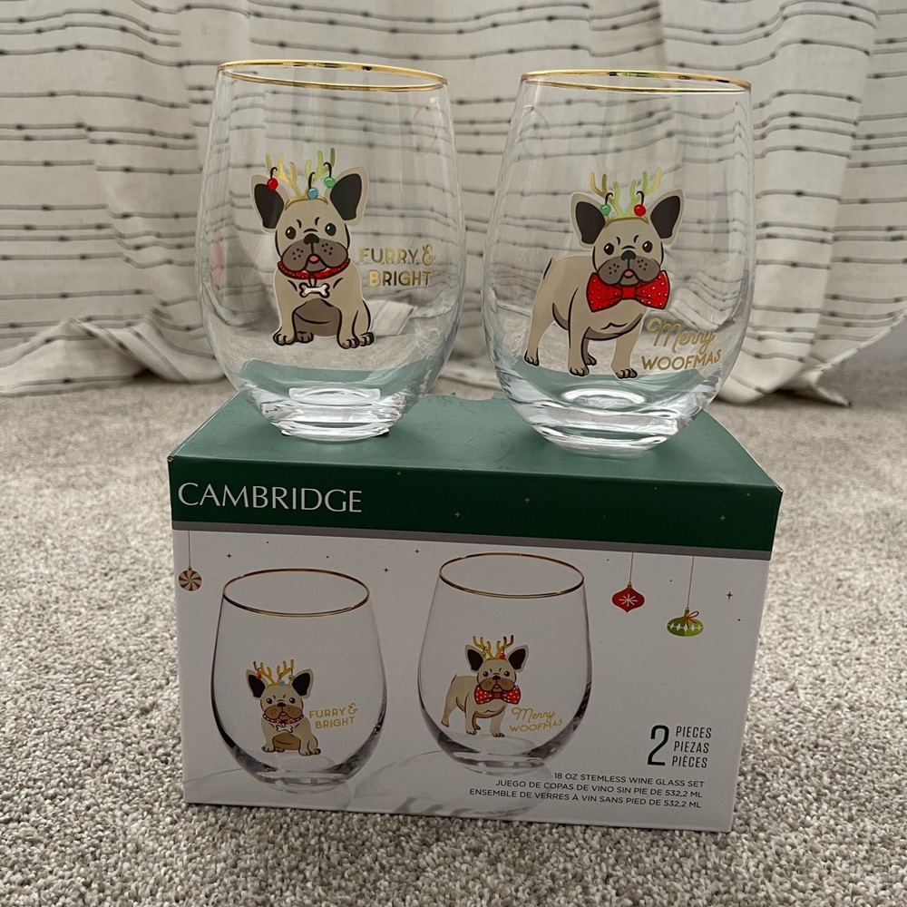 Cambridge Holiday Frenchie Stemless 18 oz Wine Glasses
